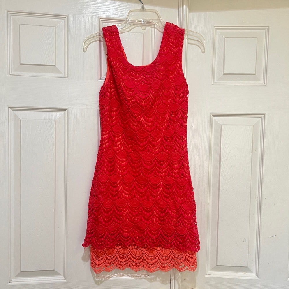 Bebe women size small Coral peach lace cocktail‎ mini cotton dress Casual